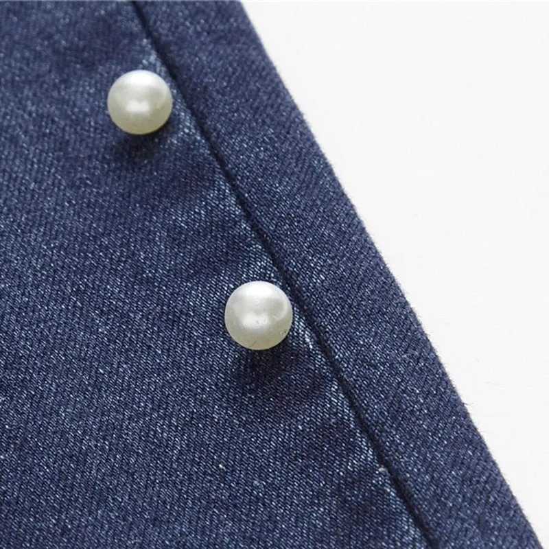 COLROVIE PLUS SIZE BLUE PEARLS BEADS CASUAL DENIM JEANS WOMAN AUTUMN VINTAGE POCKET JEANS FEMME STRETCHY PANTS
