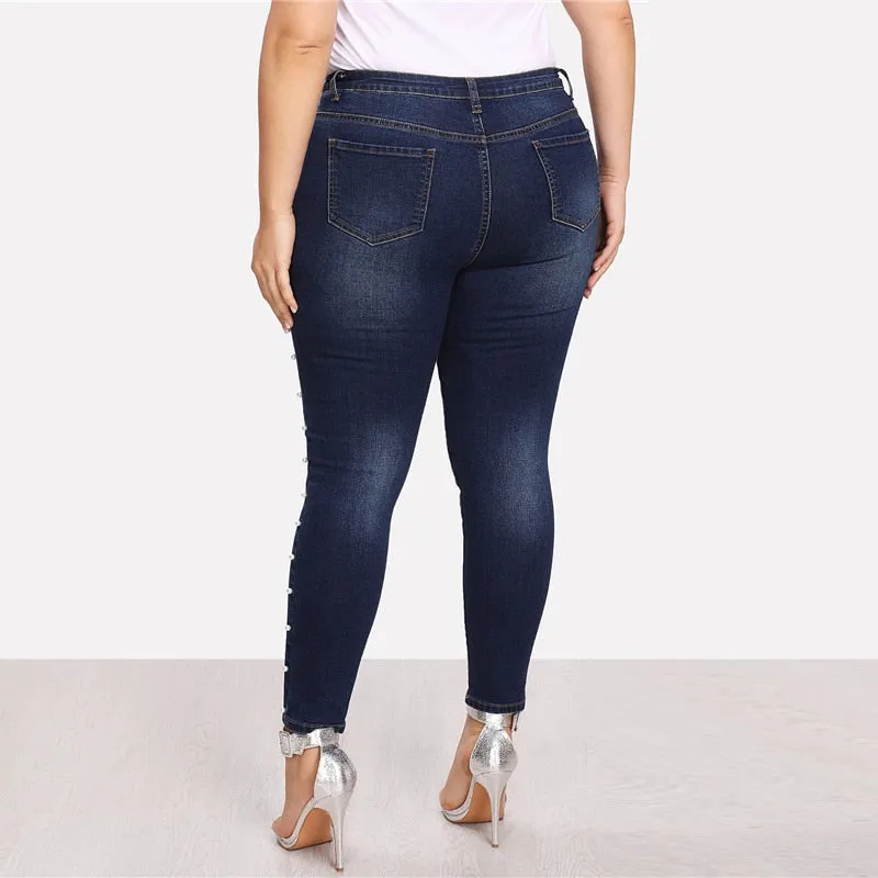 COLROVIE PLUS SIZE BLUE PEARLS BEADS CASUAL DENIM JEANS WOMAN AUTUMN VINTAGE POCKET JEANS FEMME STRETCHY PANTS