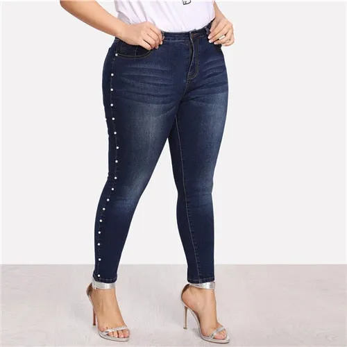 COLROVIE PLUS SIZE BLUE PEARLS BEADS CASUAL DENIM JEANS WOMAN AUTUMN VINTAGE POCKET JEANS FEMME STRETCHY PANTS