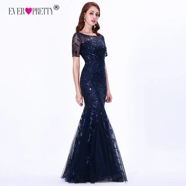 FORMAL EVENING DRESSES 2020 EVER PRETTY NEW MERMAID O-NECK SHORT SLEEVE LACE APPLIQUSE TULLE LONG PARTY GOWNS ROBE SOIREE SEXY