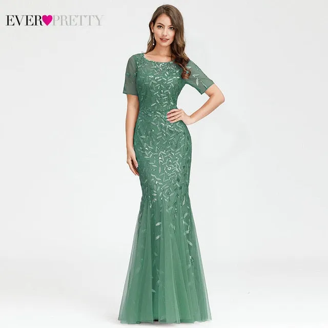 FORMAL EVENING DRESSES 2020 EVER PRETTY NEW MERMAID O-NECK SHORT SLEEVE LACE APPLIQUSE TULLE LONG PARTY GOWNS ROBE SOIREE SEXY