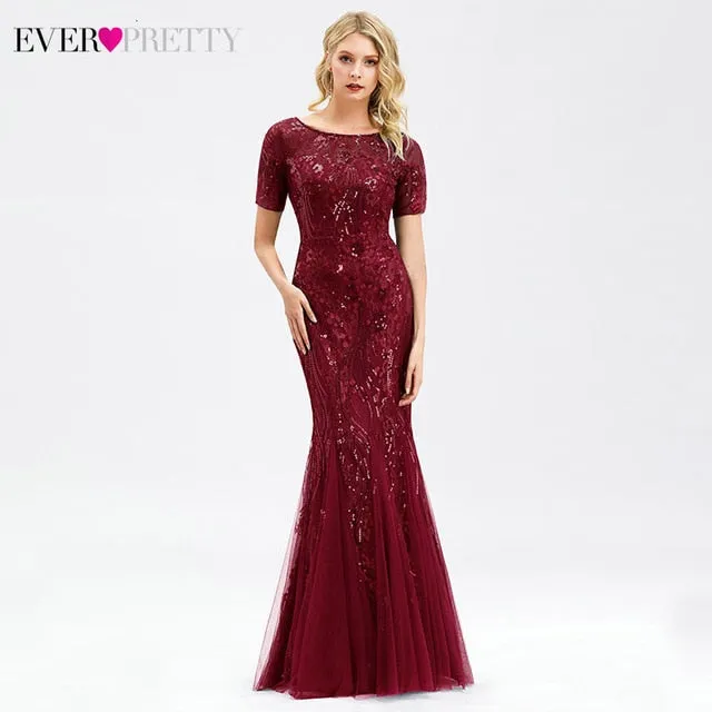 FORMAL EVENING DRESSES 2020 EVER PRETTY NEW MERMAID O-NECK SHORT SLEEVE LACE APPLIQUSE TULLE LONG PARTY GOWNS ROBE SOIREE SEXY
