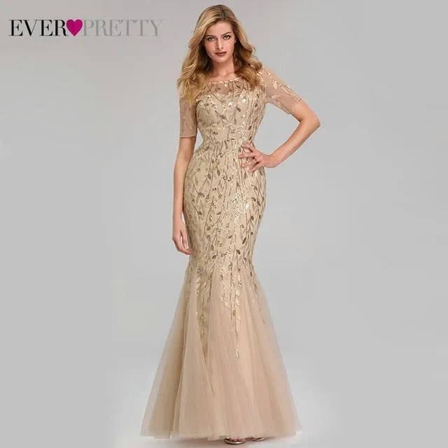 FORMAL EVENING DRESSES 2020 EVER PRETTY NEW MERMAID O-NECK SHORT SLEEVE LACE APPLIQUSE TULLE LONG PARTY GOWNS ROBE SOIREE SEXY