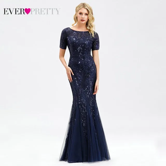 FORMAL EVENING DRESSES 2020 EVER PRETTY NEW MERMAID O-NECK SHORT SLEEVE LACE APPLIQUSE TULLE LONG PARTY GOWNS ROBE SOIREE SEXY