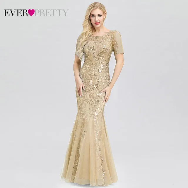 FORMAL EVENING DRESSES 2020 EVER PRETTY NEW MERMAID O-NECK SHORT SLEEVE LACE APPLIQUSE TULLE LONG PARTY GOWNS ROBE SOIREE SEXY