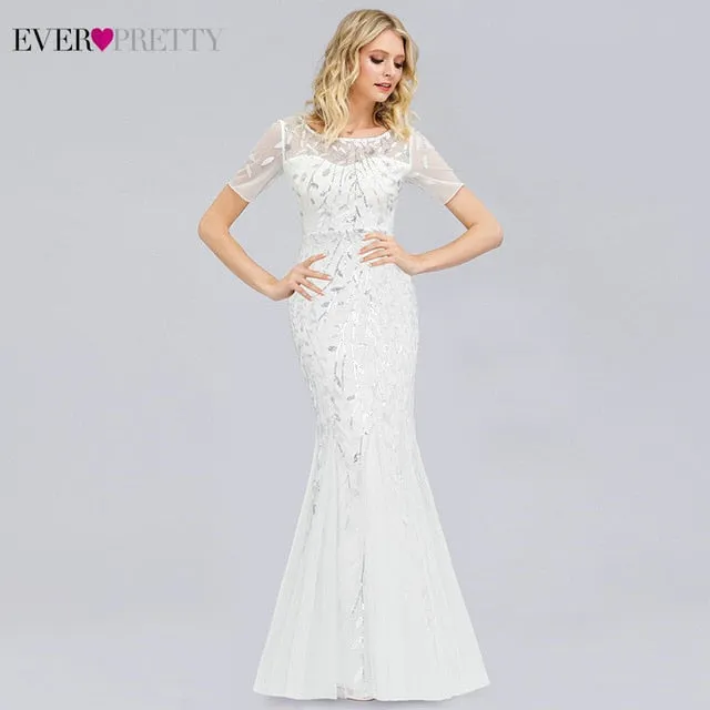 FORMAL EVENING DRESSES 2020 EVER PRETTY NEW MERMAID O-NECK SHORT SLEEVE LACE APPLIQUSE TULLE LONG PARTY GOWNS ROBE SOIREE SEXY