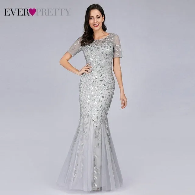 FORMAL EVENING DRESSES 2020 EVER PRETTY NEW MERMAID O-NECK SHORT SLEEVE LACE APPLIQUSE TULLE LONG PARTY GOWNS ROBE SOIREE SEXY