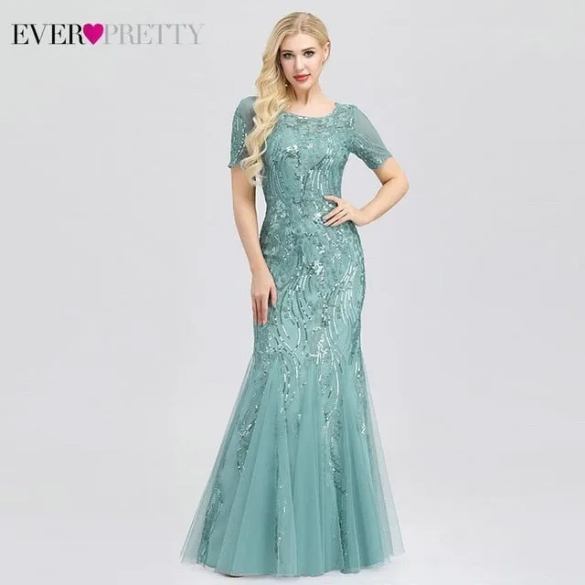 FORMAL EVENING DRESSES 2020 EVER PRETTY NEW MERMAID O-NECK SHORT SLEEVE LACE APPLIQUSE TULLE LONG PARTY GOWNS ROBE SOIREE SEXY