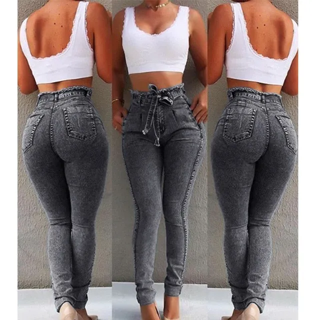 HIGH WAIST JEANS FOR WOMEN SLIM STRETCH DENIM JEAN BODYCON TASSEL BELT BANDAGE SKINNY PUSH UP JEANS WOMAN