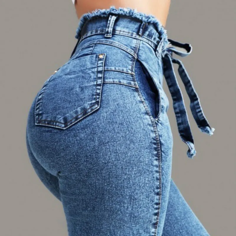 HIGH WAIST JEANS FOR WOMEN SLIM STRETCH DENIM JEAN BODYCON TASSEL BELT BANDAGE SKINNY PUSH UP JEANS WOMAN