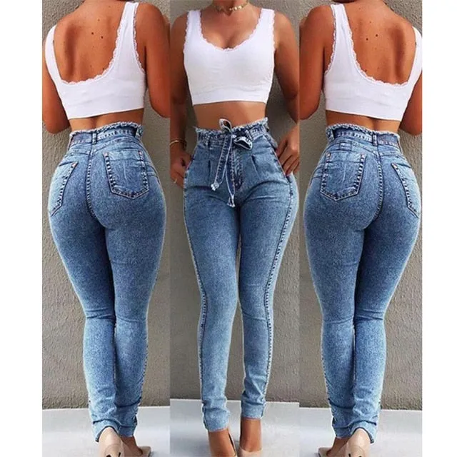 HIGH WAIST JEANS FOR WOMEN SLIM STRETCH DENIM JEAN BODYCON TASSEL BELT BANDAGE SKINNY PUSH UP JEANS WOMAN