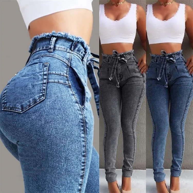 HIGH WAIST JEANS FOR WOMEN SLIM STRETCH DENIM JEAN BODYCON TASSEL BELT BANDAGE SKINNY PUSH UP JEANS WOMAN