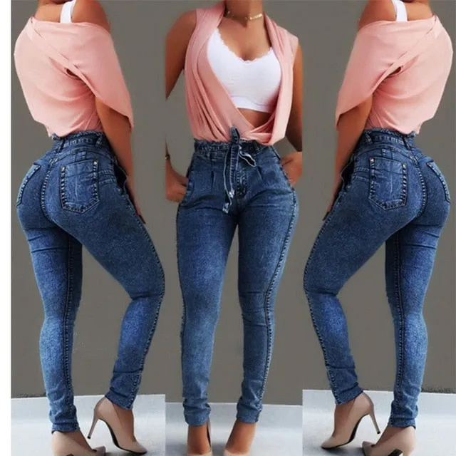 HIGH WAIST JEANS FOR WOMEN SLIM STRETCH DENIM JEAN BODYCON TASSEL BELT BANDAGE SKINNY PUSH UP JEANS WOMAN
