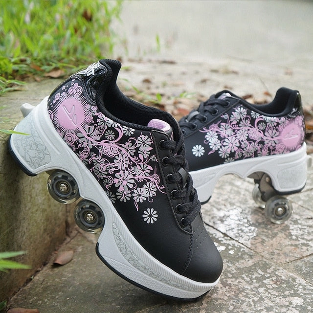 Hot Shoes Casual Sneakers Walk Skates Deform Wheel Skates for Adult Men Women Unisex Couple Childred Runaway Skates Four-wheeled