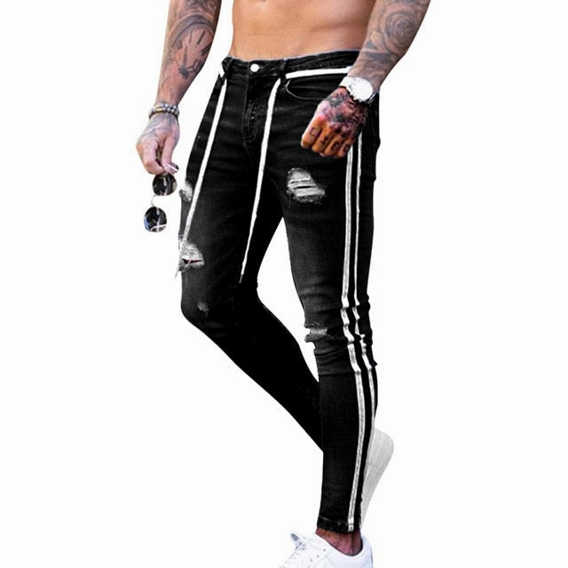 MEN'S JEANS HIP HOP FIT RIPPED DENIM PANTS  SIDE STRIPE PENCIL PANTS STREETWEAR