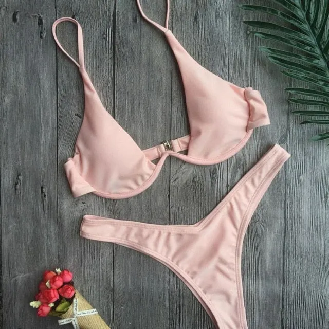 WOMEN PUSH UP BANDAGE BIKINI SOLID COLOR SWIMSUIT LOW WAIST TRIANGLE SWIMWEAR SEXY BATHING SUIT