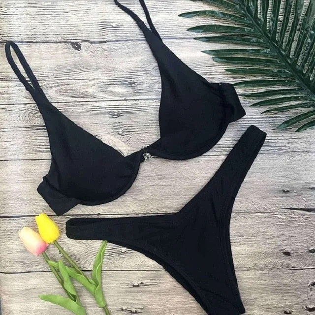 WOMEN PUSH UP BANDAGE BIKINI SOLID COLOR SWIMSUIT LOW WAIST TRIANGLE SWIMWEAR SEXY BATHING SUIT
