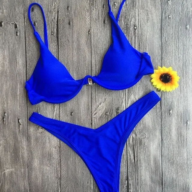 WOMEN PUSH UP BANDAGE BIKINI SOLID COLOR SWIMSUIT LOW WAIST TRIANGLE SWIMWEAR SEXY BATHING SUIT