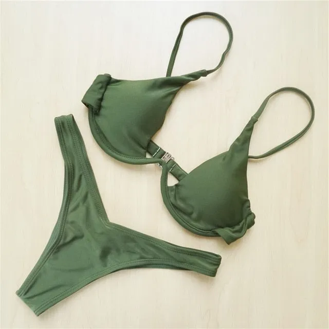 WOMEN PUSH UP BANDAGE BIKINI SOLID COLOR SWIMSUIT LOW WAIST TRIANGLE SWIMWEAR SEXY BATHING SUIT