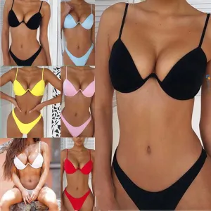 WOMEN PUSH UP BANDAGE BIKINI SOLID COLOR SWIMSUIT LOW WAIST TRIANGLE SWIMWEAR SEXY BATHING SUIT