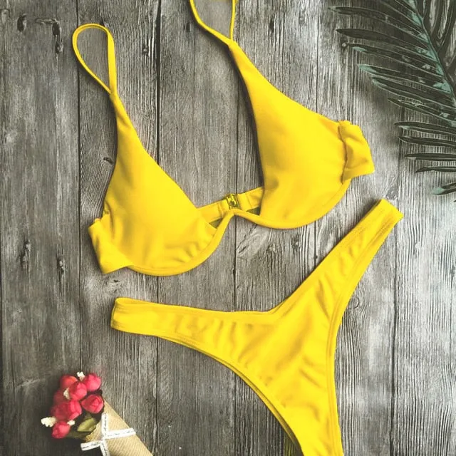 WOMEN PUSH UP BANDAGE BIKINI SOLID COLOR SWIMSUIT LOW WAIST TRIANGLE SWIMWEAR SEXY BATHING SUIT